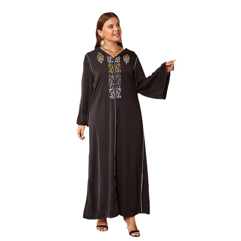 Cross-Border Source Middle Eastern Muslim Ethnic Embroidered Satin Long Sleeve Plus Size Loose Dress Robe_ecoleips.com