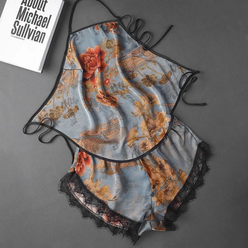 Pure Desire Style Ice Silk Sling Shorts Pajamas Women's Suit Summer Strap Bellyband Antique Lace Home Clothes pajamas