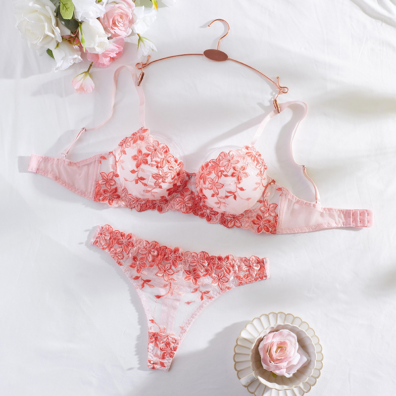 Cross-Border Temptation Hollow Sexy Underwear Flower Embroidery See-Through Pink Sexy Girly Bra and Panties Set Cross-Border Temptation Hollow Sexy Underwear Flower Embroidery See-Through Pink Sexy Girly Bra and Panties Set