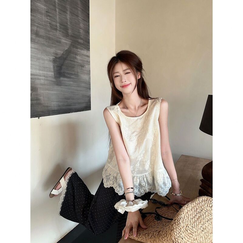 甜美蕾丝刺绣花边吊带上衣波点阔腿长裤女2025夏季新款时尚套装潮|undefined