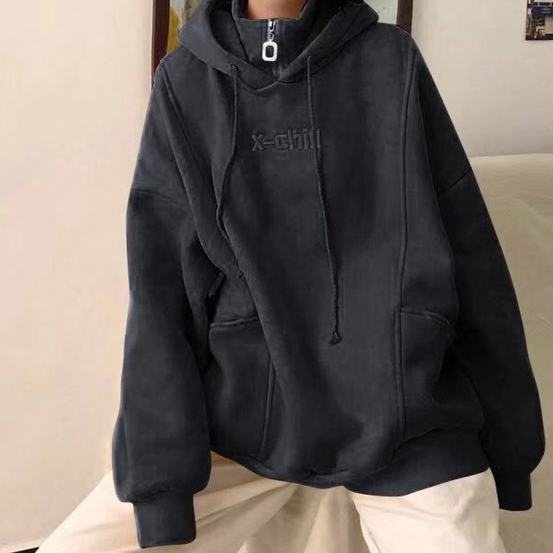 Hoodie Women's Autumn and Winter Korean-style High Collar Zipper Letter Embroidery Fleece-lined Thickened Student Jacket Trendy