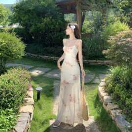 纯欲网纱玫瑰印花吊带连衣裙女2026夏季新款修身长裙图片色修身型
