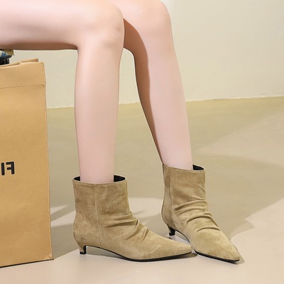 2887-1 Retro style slim heeled boots for children, versatile pleated pile boots, pointed suede short tube, fashionable t