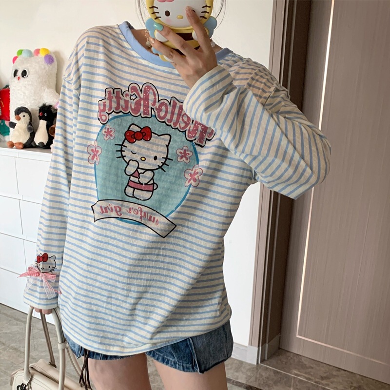 [Bamboo Ribbed] Kitty Sun Protection Cover-Up Striped Long-Sleeve T-Shirt, Women's Autumn New Loose Casual Top