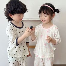 儿童睡衣夏季薄款100纯棉无骨家居服透气男女童空调服7分袖裤套装
