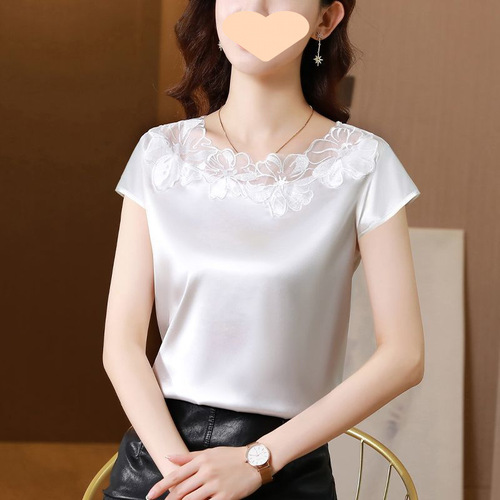 Summer Lace Design Women's Short Sleeve Top Outerwear Satin Base Layer Top Fashion Trendy Plus Size Bodycon Top