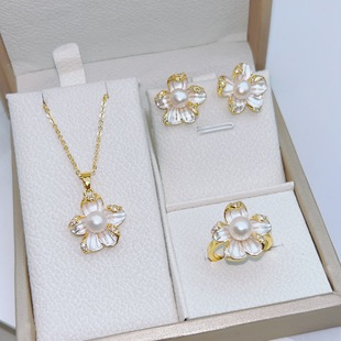 Zhuji Pearl Source Natural Pearl Earring Set S925 Silver Needle Gold Plated Easiest for Match Oil Drop Begonia Flower Three-Piece Set
