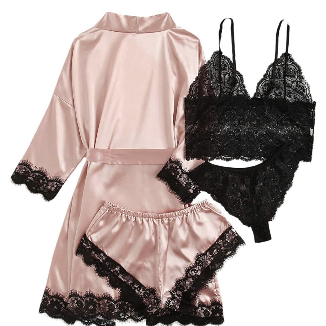 GraceChic New European American Style 4-Piece Lace Satin Camisole Pajamas Women's Summer Set With Robe And Nightdress Wholesale_voghion.com