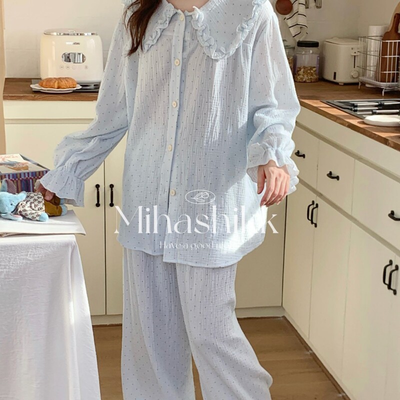 MihashikkA women's polka dot cotton gauze pajamas, 2026 spring and autumn collection, doll collar, long-sleeved cotton loungewear