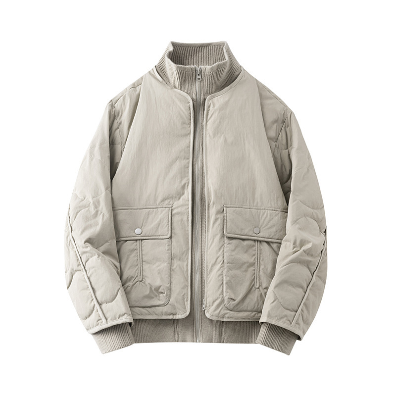 Falso de dos piezas de punto de cuello vertical chaqueta de plumón hombre invierno suelto abrigo de trabajo caliente chaqueta de moda de hombre image 7