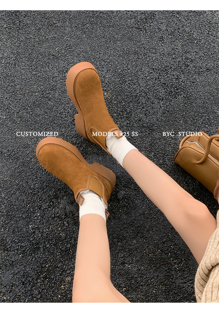 Boot Chelsea nữ da dê lót lông cừu đế dày platform ấm mùa đông — màu đen chi tiết 18