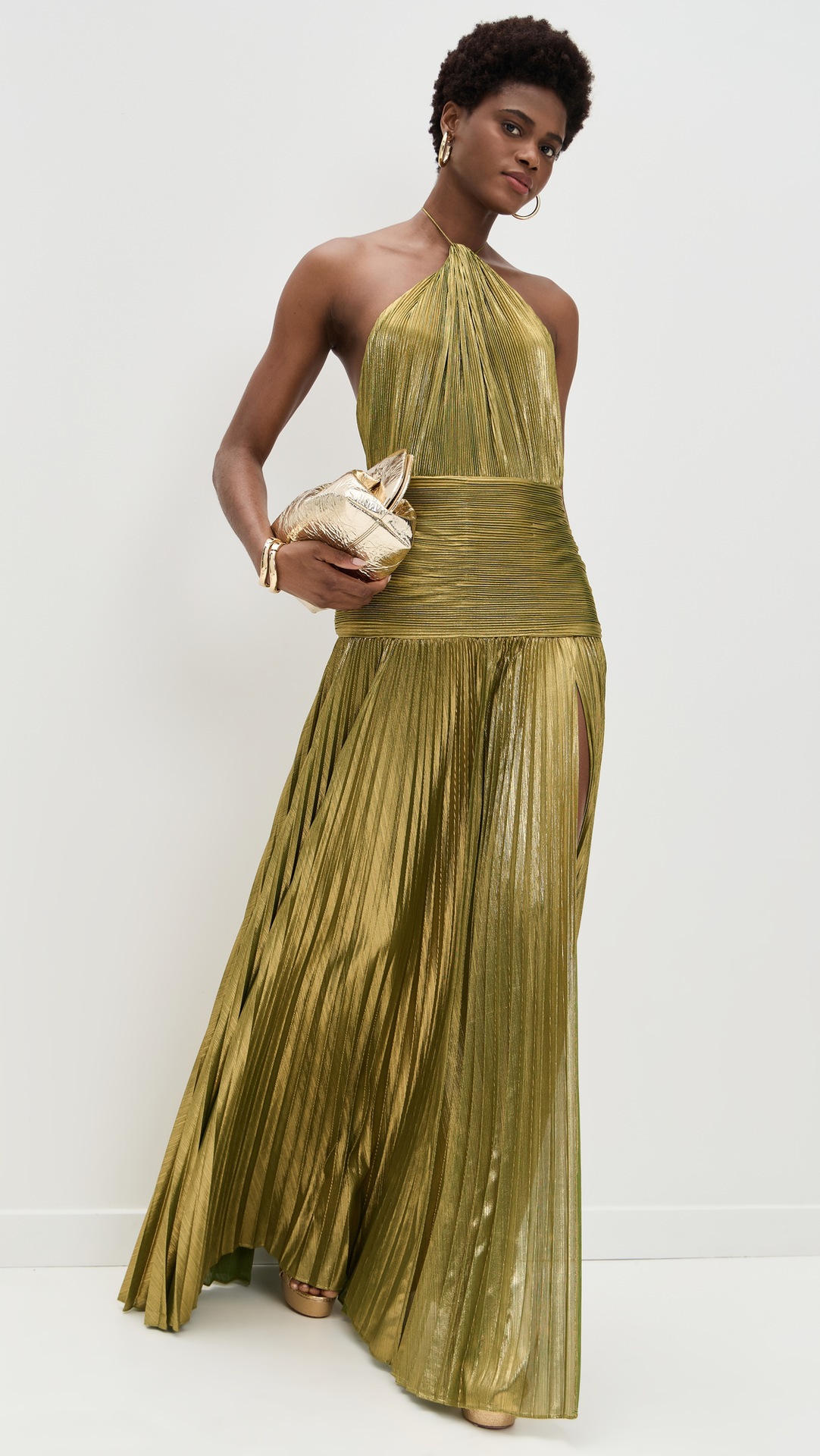 ​​"Women's Metallic Pleated Sleeveless Dress - Backless Tie Neck High Slit Party Dress, Golden/Pinkish/Ancient Gold/Dark Blue/Lake Blue, XS-XXL"​​_ecoleips.com