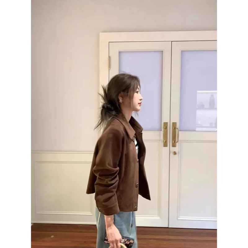 咖色鹿皮绒外套女短款2025春春秋韩系宽松休闲复古小个子夹克上衣|undefined