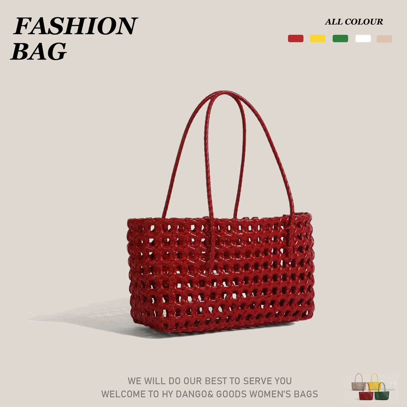 Korean-Style Hollow Hand-Woven Vegetable Basket Vacation Travel Beach Bag Daily Commuting Bag Handbag Shoulder Bag