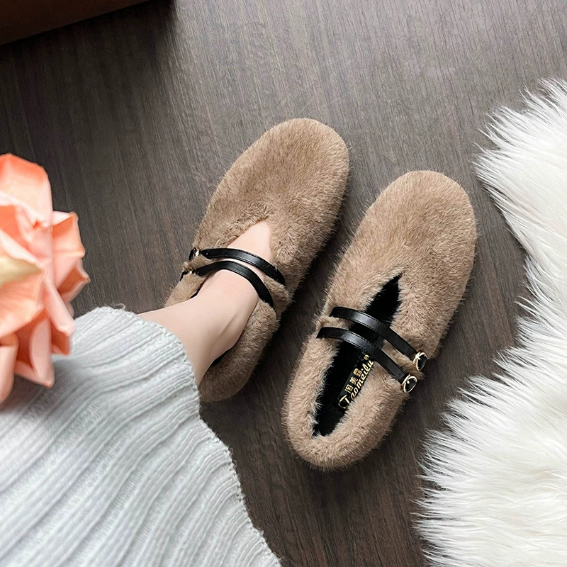 Wool shoes women wear 2024 new flat shallow mink bean bean shoes plus velvet large size women's shoes 41 43