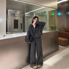 新款秋冬慵懒风套装宽松连帽条纹外套女秋冬直筒阔腿裤长裤两件套