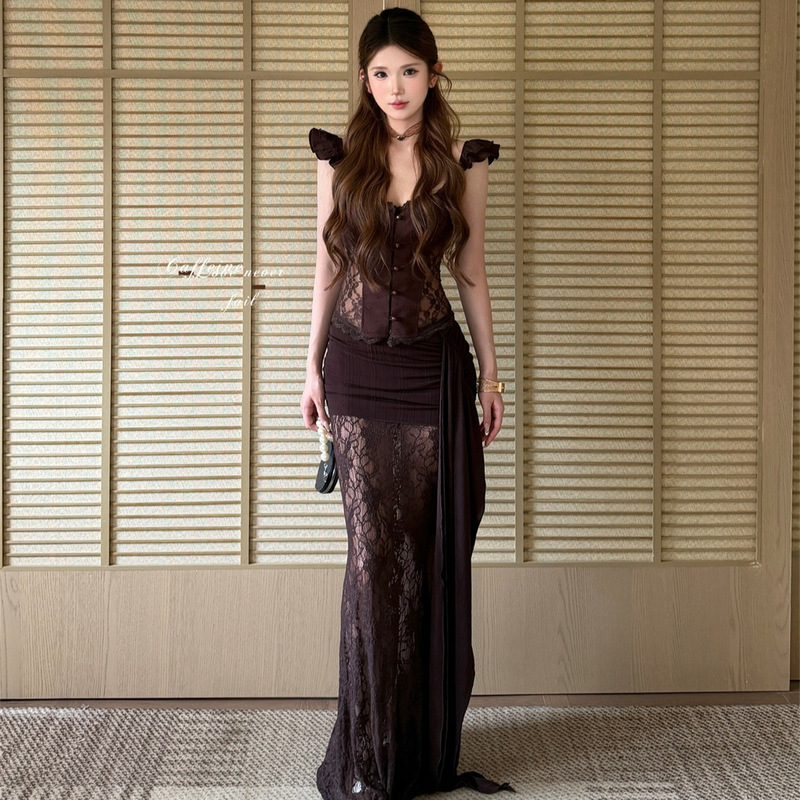 2026 New Lace V-Neck Halter Top and Hip-Hugging Fishtail Skirt Suit for Women, Summer French-Style Elegant Dress 2026 New Lace V-Neck Halter Top and Hip-Hugging Fishtail Skirt Suit for Women, Summer French-Style Elegant Dress