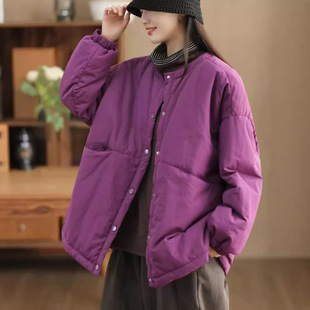 Ancient coffee clothing autumn and winter New retro thickened round neck cotton-padded jacket women's medium and large pocket quilted cotton-padded jacket warm cotton-padded jacket