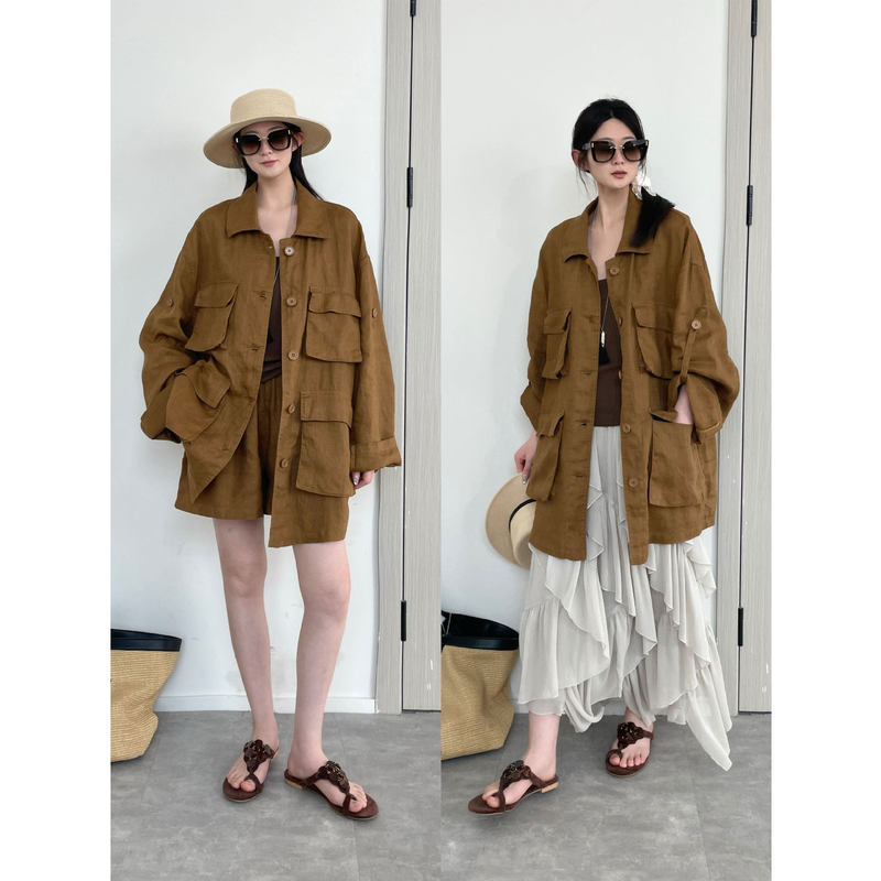 Nanyu Vintage Sand-Washed High-Weight 100% Linen Old Money Style Oversized Jacket + Shorts Two-Piece Set for Women, Spring 2026