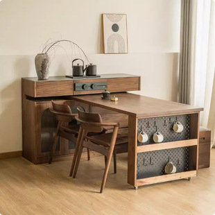 Black Walnut Retractable Rotating Dining Table Island Storage Built-In Teapot Cabinet Tea Table Combination Cabinet Integrated Small Apartment