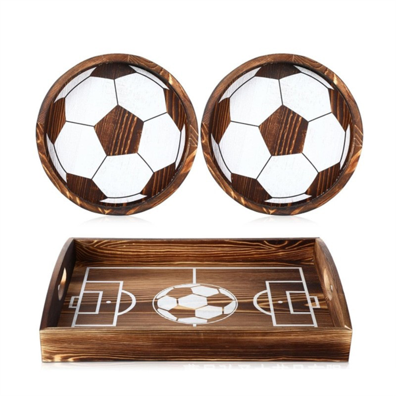 Plato de madera con forma de fútbol, fiesta, plato de comida cocinada, plato de bocadillos redondo cuadrado de madera con mango