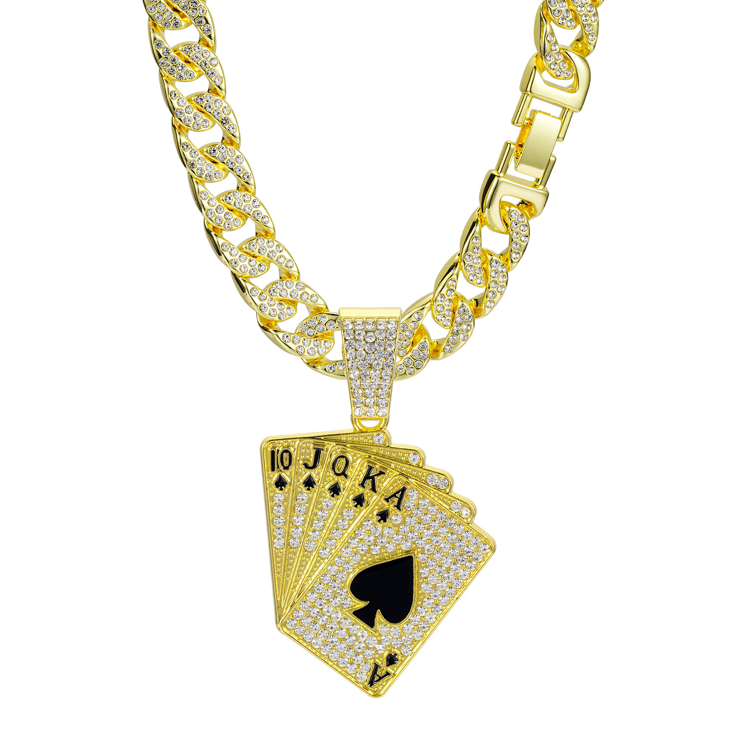 European And American Hip-hop Cuban Chain Full Diamond Playing Card Pendant Trendy Card Niche Men's Necklace_voghion.com