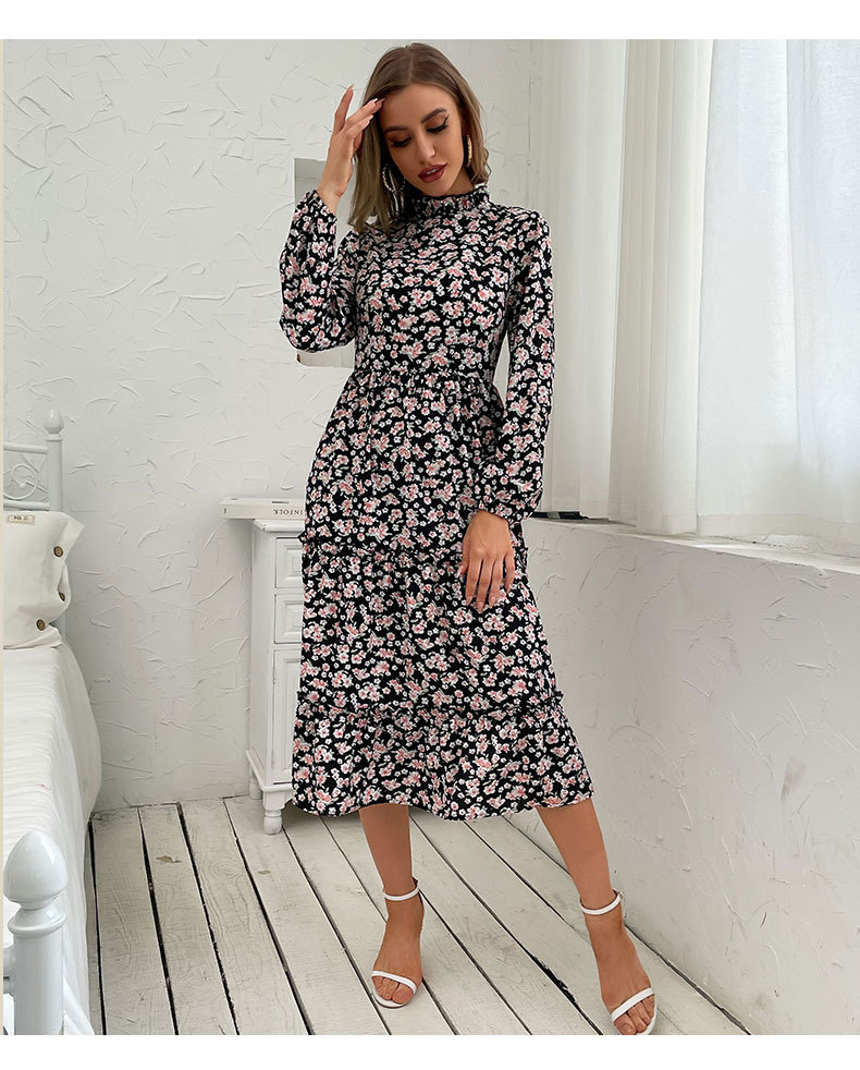 Mid-Length Half High Collar Pleated Print Dress NSYYF88554