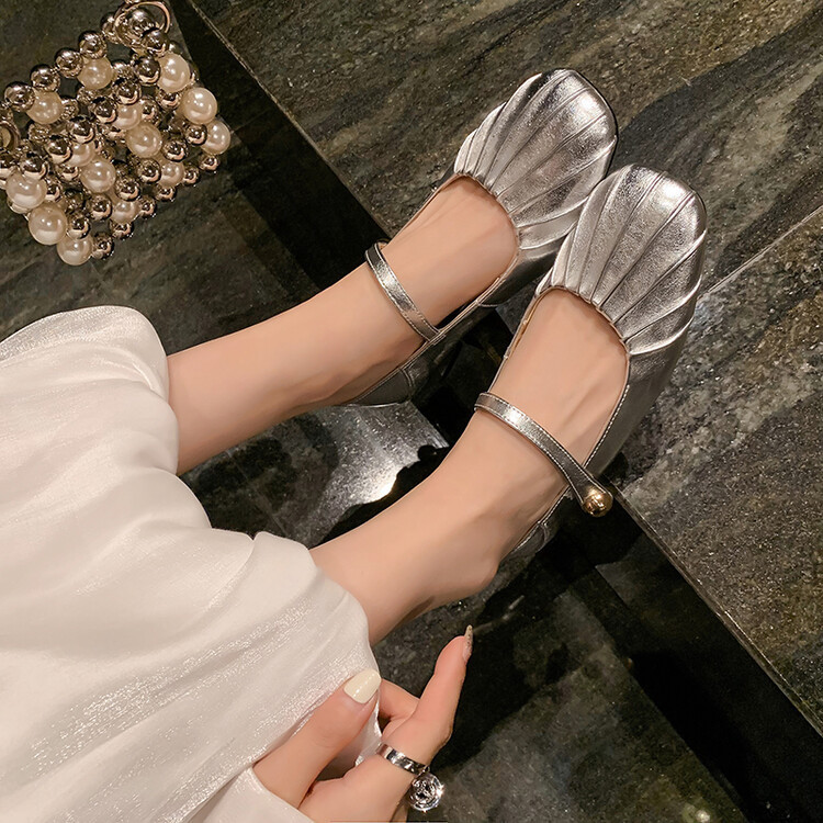 Designer Shallow Pleated Single Shoes 2024 Autumn New Square Toe Chunky Heel Flat Korean Style Silver Mary Jane Women's Shoes
