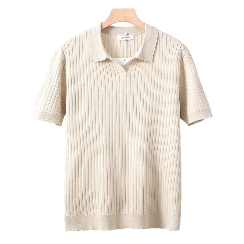 Polo de punto a rayas para hombre, cuello tipo tijera, corte ajustado, estilo casual de negocios, ligero, suéter de manga corta transfronterizo.