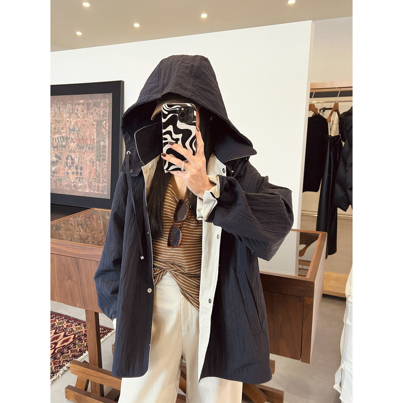 Double-sided British Hooded Texture Mid-length Windbreaker Soft Shell Women's Two-tone Coat