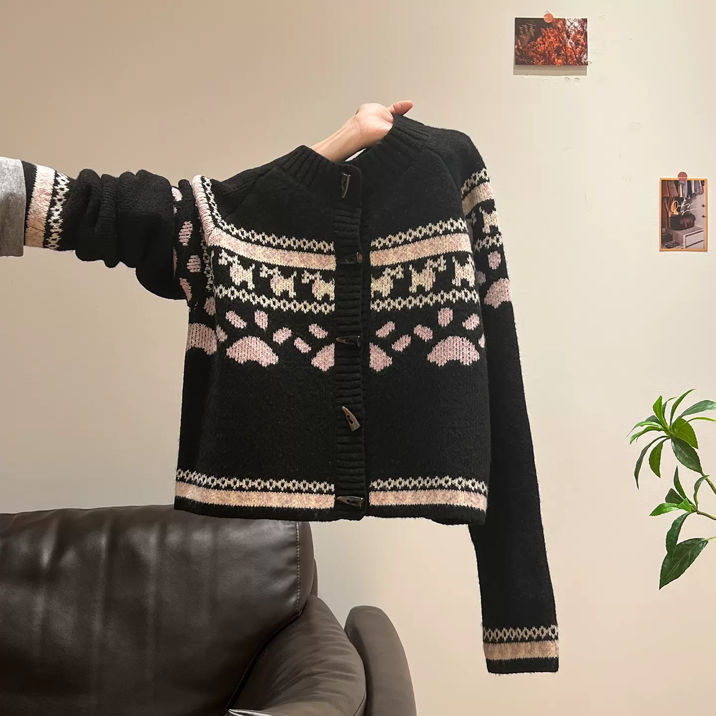 费尔岛高级感牛角扣长袖针织开衫外套女2025秋冬撞色宽松毛衣上衣