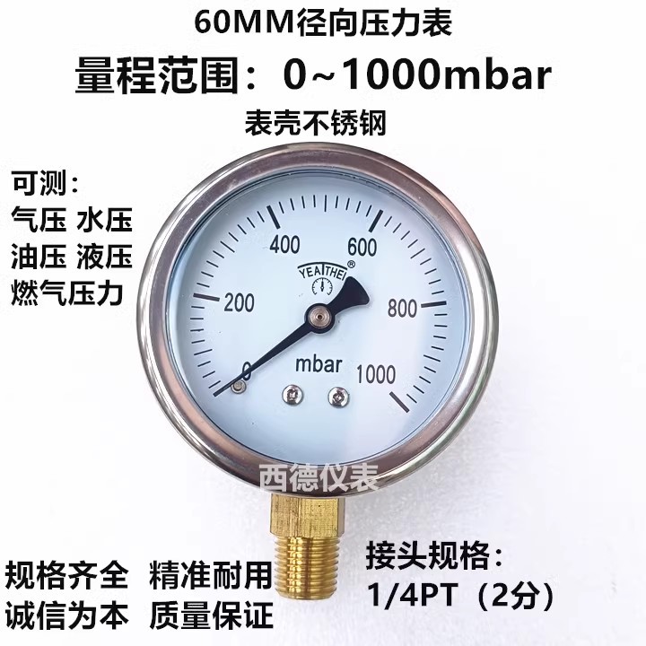 60MM直立式0－1000mbar 毫巴压力表 燃气压力表 气压表 水压表