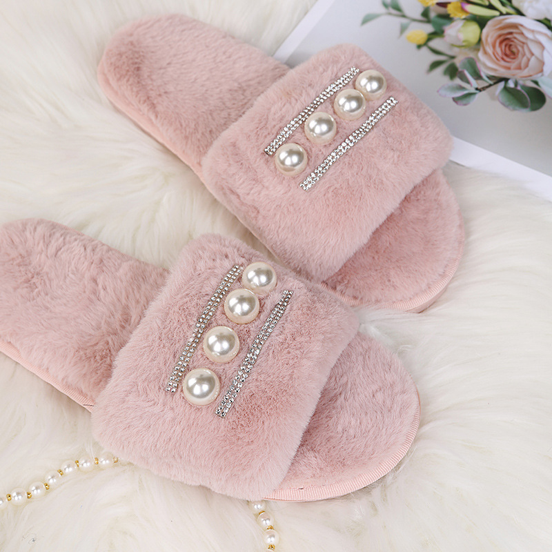 Pearl One Word Plush Rhinestones Slippers NSKJX104846