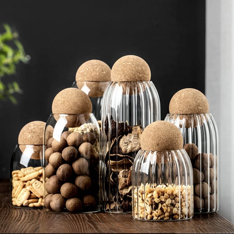 Round Glass Sealed Jar Coffee Bean Storage Box Kitchen Grain Storage Jar Creative Cork Stopper Tea Canister
