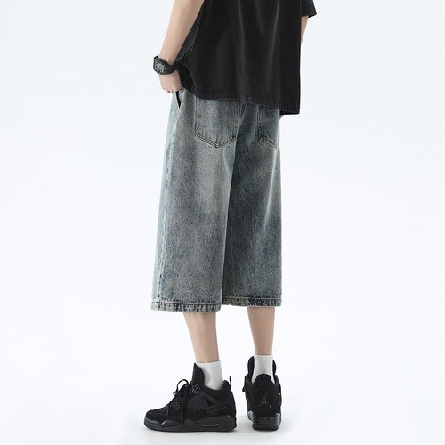 Vintage American Western Straight Leg Jeans for Men - Summer Washed 6-7 Length Pants with a Cool, Rugged, and Sophisticated Casual Hemmed Style