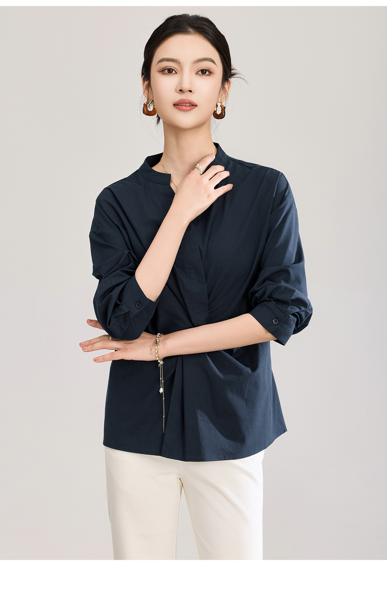 Áo sơ mi nữ dài tay chất lụa tencel phối xoắn thanh lịch — xanh lam chi tiết 16