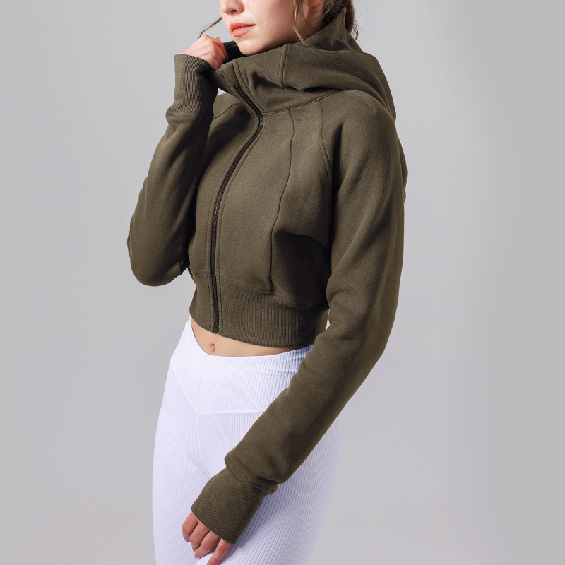 Luluの新型ヨガのコートの上着の女性の秋冬のベルベットの短いタイプの帽子のガーディアンの防風保温運動のコート|undefined