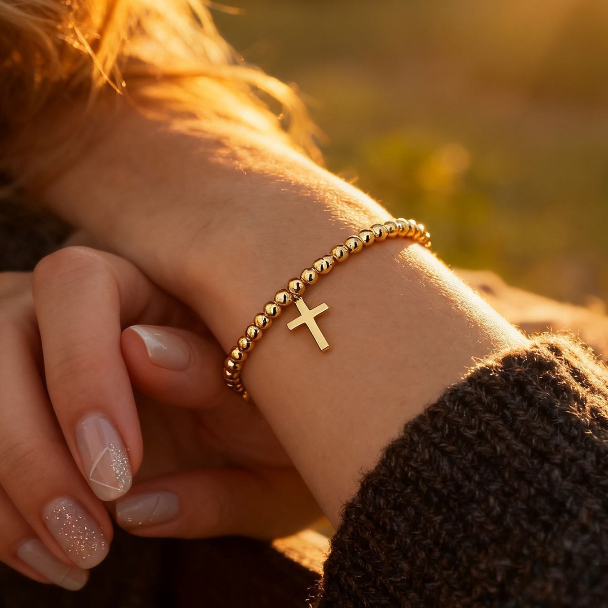 Gold Plated Beaded Bracelet Style Minimalist Fashion Copper Plated Gold Cross Couple Bracelet Versatile Popular_voghion.com