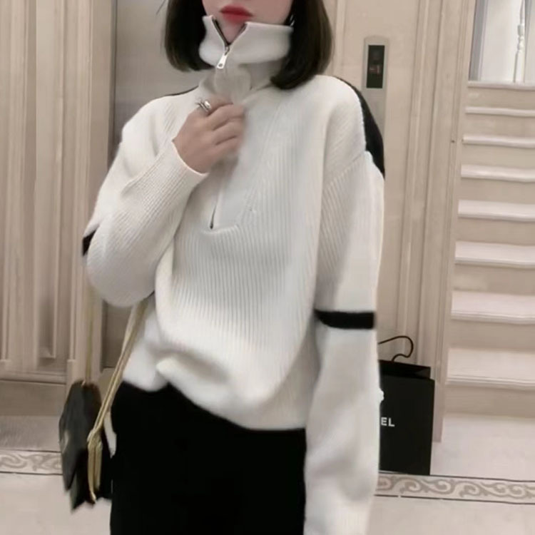 2023 otoño e invierno nuevo estilo japonés contraste color prendas de punto de las mujeres cuello alto manga larga suelta cremallera casual suéter mujeres image 8