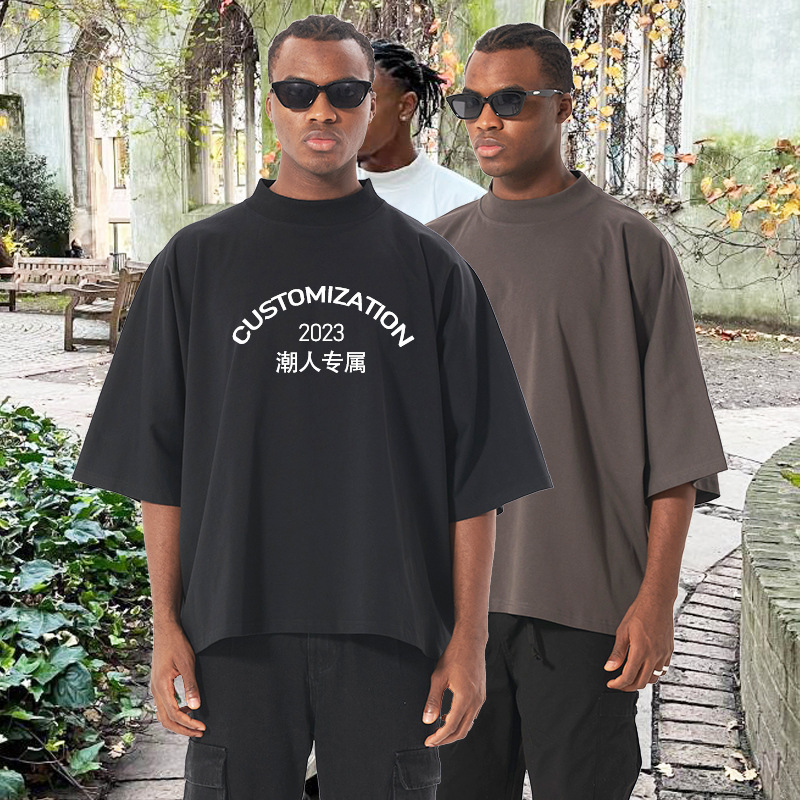 Trendy Men's Clothing | 300g Heavyweight Fashionable Small Thick Neckline T-Shirt American Boxy Fit Mid-Sleeve Pure Cotton T-Shirt Trendy Men's Clothing | 300g Heavyweight Fashionable Small Thick Neckline T-Shirt American Boxy Fit Mid-Sleeve Pure Cotton T-Shirt