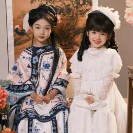 清汉女童清代古装新中式女孩国风白色蕾丝公主裙青花瓷留洋大小姐