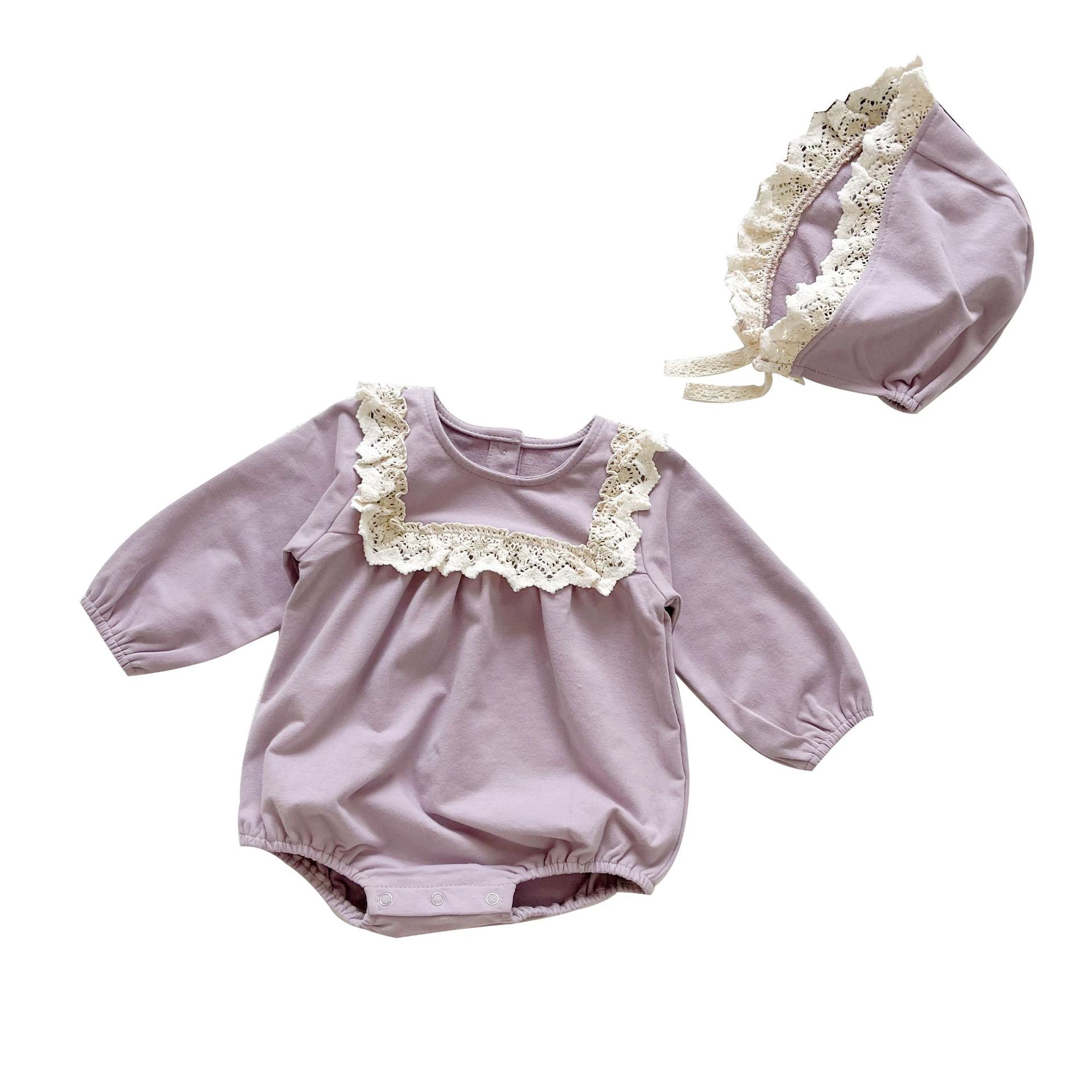 Bebé niña mono 2024 primavera y otoño estilo coreano color sólido encaje cuello bebé mameluco manga larga mameluco vaina