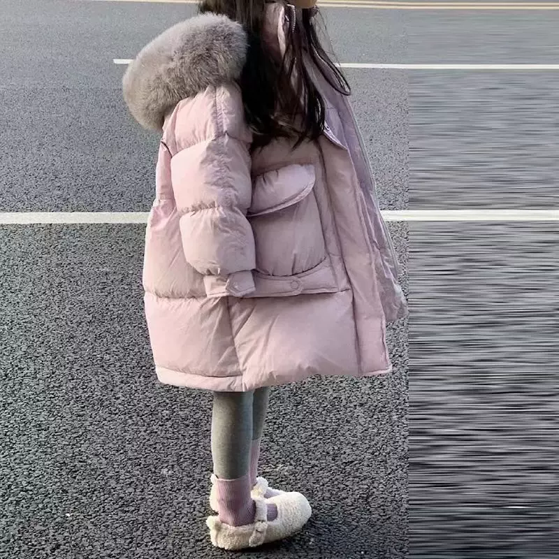 女童洋气大毛领羽绒棉服儿童中长款棉衣秋冬款加厚保暖棉袄外套潮