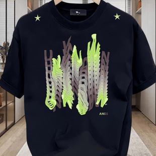 Heavyweight Pure Cotton Trendy Brand Printed T-Shirt American Style Cool Personality Men's Short Sleeve Summer Trendy Versatile Crew Neck with Tie Clip