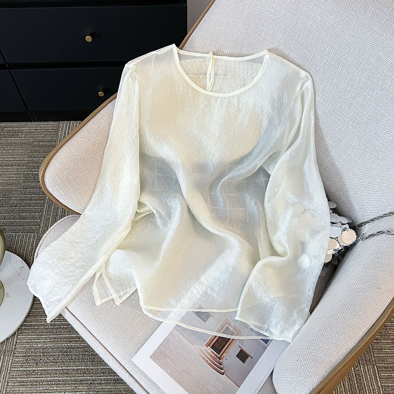 中国風のシルクトップ、新しい中国風のマルベリーシルクシャツ、レトロな長袖チュールシャツ、女性の夏用の薄いスタイル|undefined