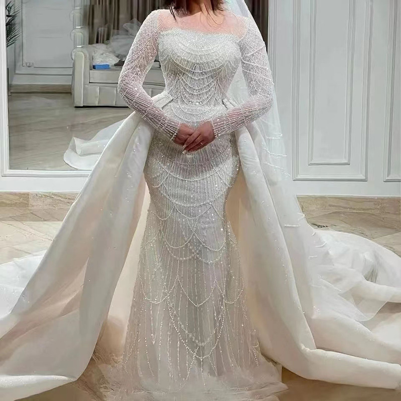 African New Mermaid Wedding Dress Detachable Trailing Beaded Lace Fishtail Bridal Dress Long Sleeve Slim Fit Wedding Dress