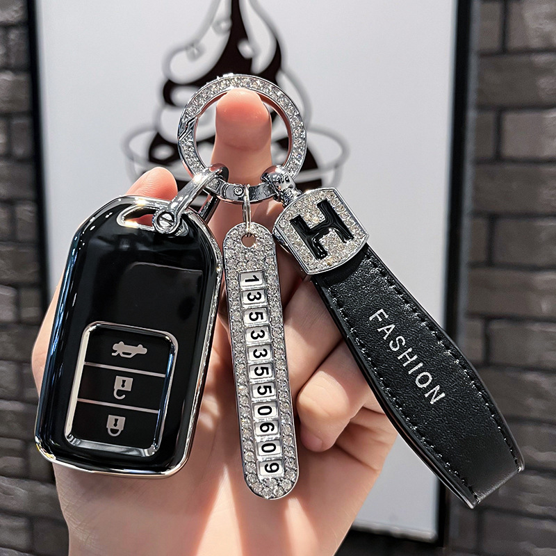 BT 키 타입 C - 스마트 3버튼 [싱글 쉘 블랙] + 블랙 H 가죽 로프 다이아몬드 버클 + 실버 번호판