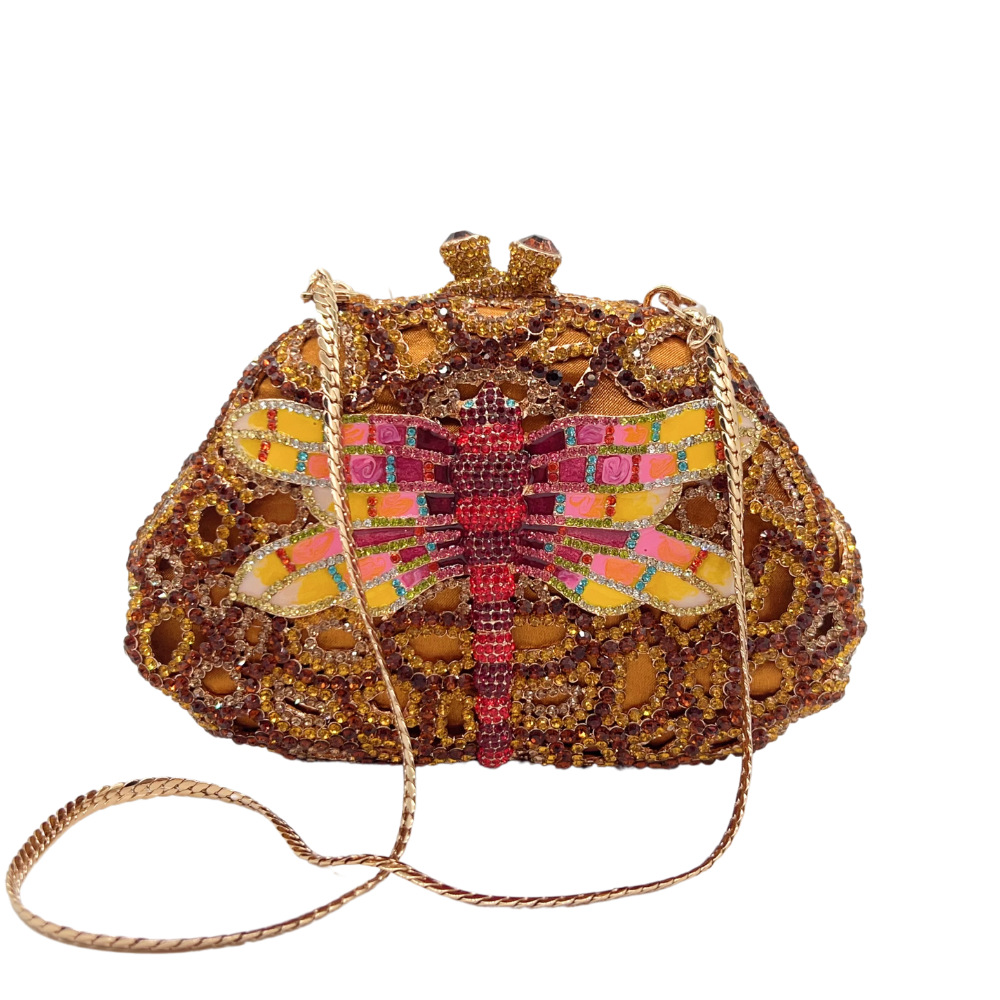 Túi clutch dạ tiệc đính đá thủ công họa tiết chuồn chuồn — Màu tím hồng, Vàng cà phê, Đen xám bạc, Màu xanh lục chi tiết 1