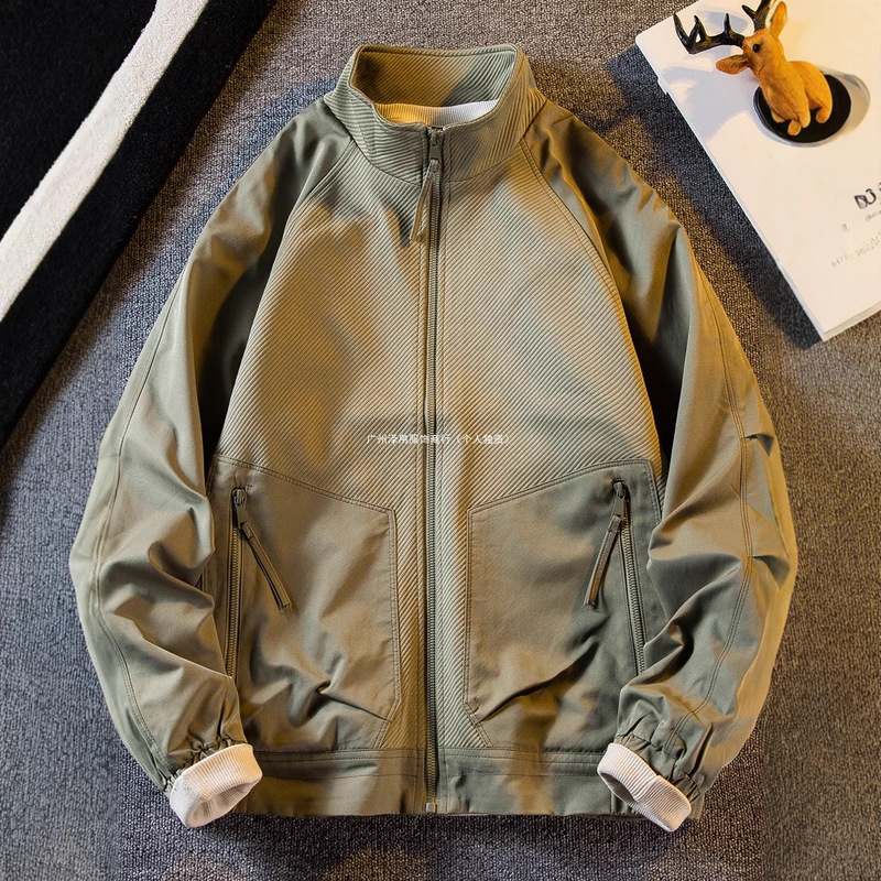 Spring and Autumn Stand Collar Twill Texture Knit Jacket for Men, Trendy Brand Spliced Design Stylish Jacket