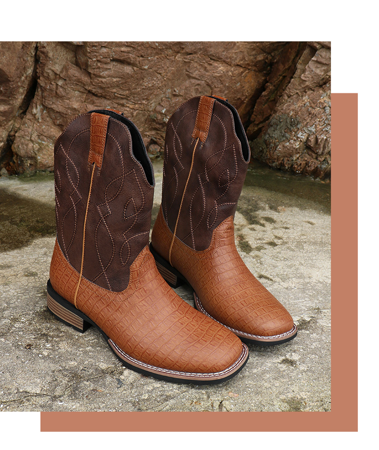 Botas de cowboy vintage quadradas plus size para homens_voghion.com